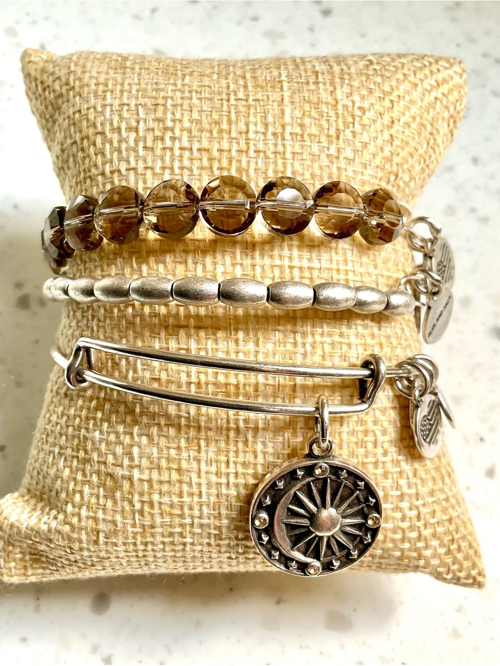 Alex and Ani Silver Tone Moon Bracelet Set with Brown Beads